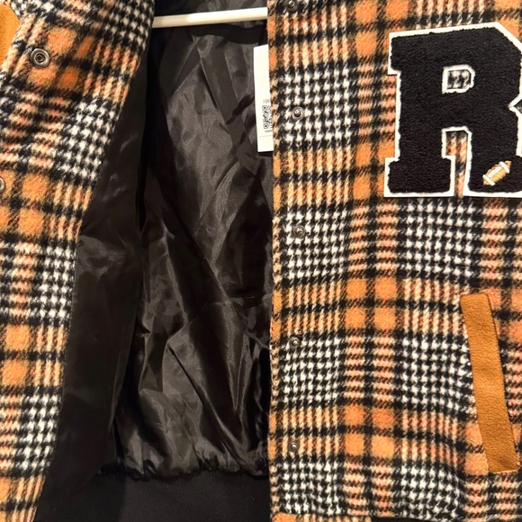 Forever 21 Kid’s Plaid Brown and Black Varsity Jacket with Embroidery NWT - Picture 7 of 7